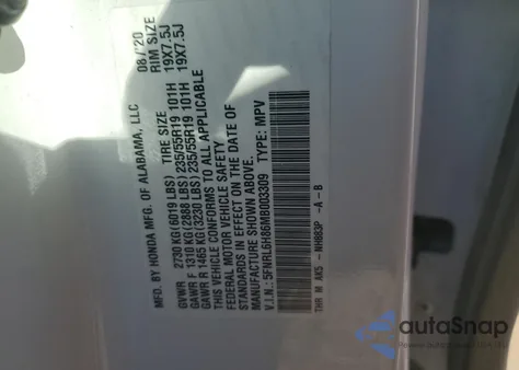 2021 Honda Odyssey Touring из США, поврежденный, VIN 5FNRL6H86MB003309